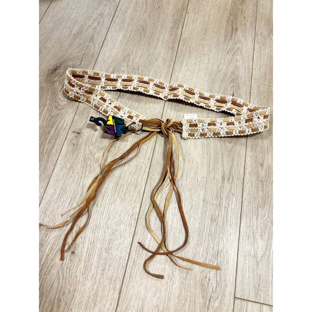 Y2K BOHO HIPPIE XL Jute Fiber and Genuine Leather Woven Tie Belt Brown Tan